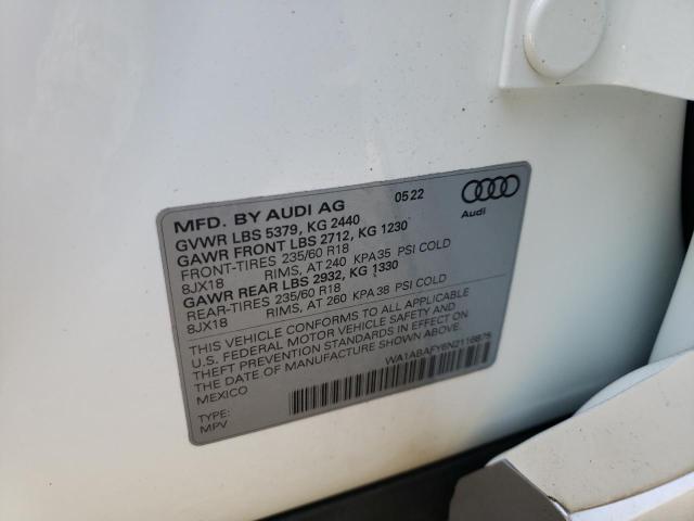 Photo 10 from auction – 2022 AUDI Q5 PREMIUM with VIN WA1ABAFY6N2116875