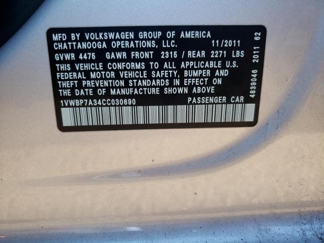 Photo 10 from auction – 2012 VOLKSWAGEN PASSAT SE with VIN 1VWBP7A34CC030690
