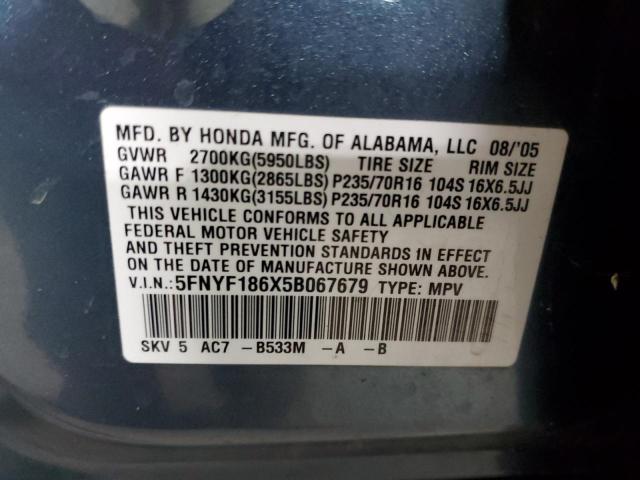 Photo 10 from auction – 2005 HONDA PILOT EXL with VIN 5FNYF186X5B067679
