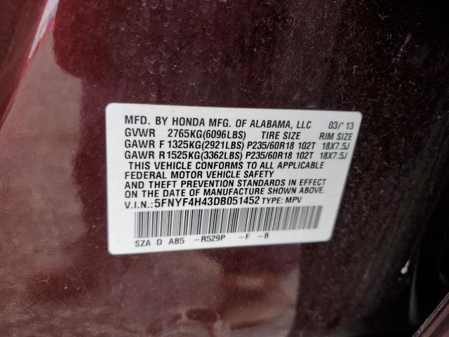 Zdjęcie 10 z aukcji – 2013 HONDA PILOT EX z VIN 5FNYF4H43DB051452