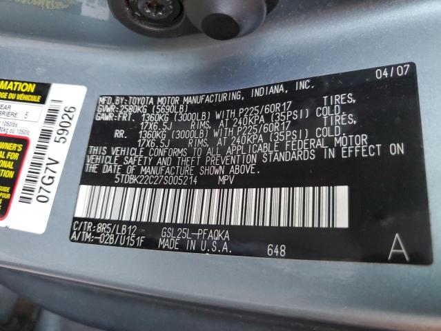 Photo 10 from auction – 2007 TOYOTA SIENNA XLE with VIN 5TDBK22C27S005214