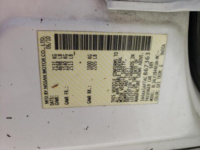 Photo 10 from auction – 2010 NISSAN MAXIMA S with VIN 1N4AA5AP7AC867363