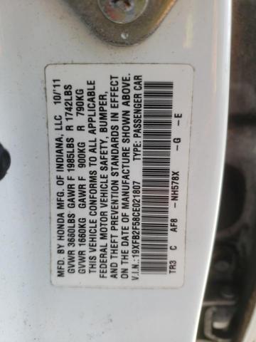 Photo 10 from auction – 2012 HONDA CIVIC LX with VIN 19XFB2F58CE021807