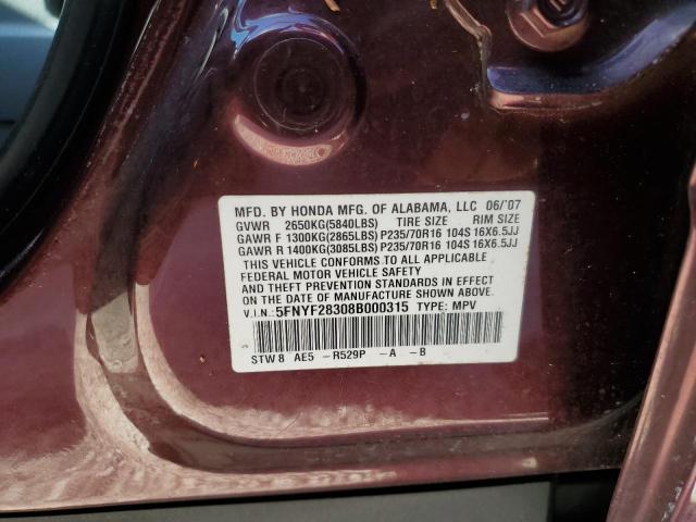 Photo 10 from auction – 2008 HONDA PILOT SE with VIN 5FNYF28308B000315