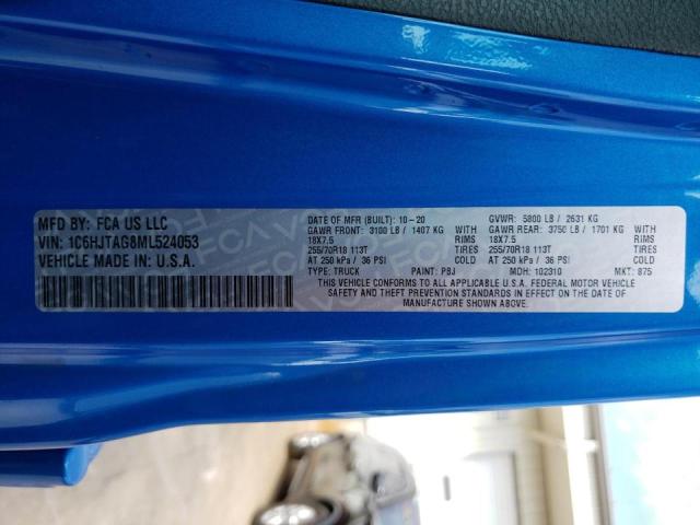 Photo 10 from auction – 2021 JEEP GLADIATOR with VIN 1C6HJTAG8ML524053