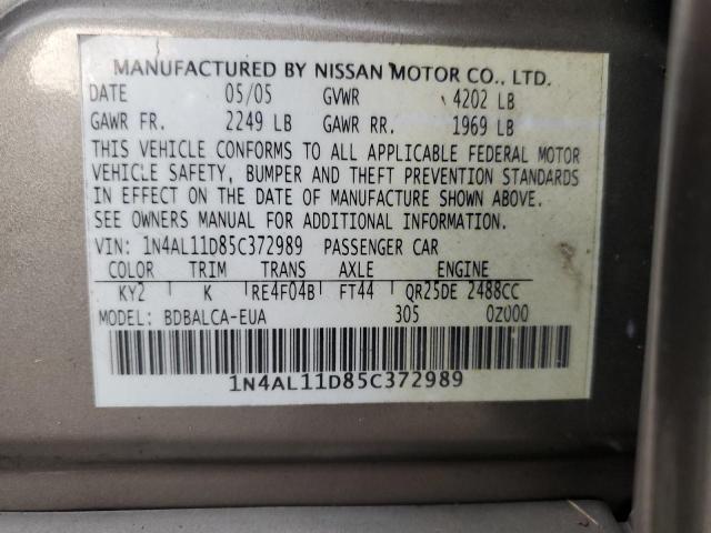 Photo 10 from auction – 2005 NISSAN ALTIMA S with VIN 1N4AL11D85C372989