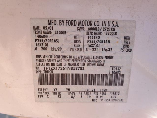 Photo 10 from auction – 2001 FORD F150 with VIN 1FTZX17261NB58783