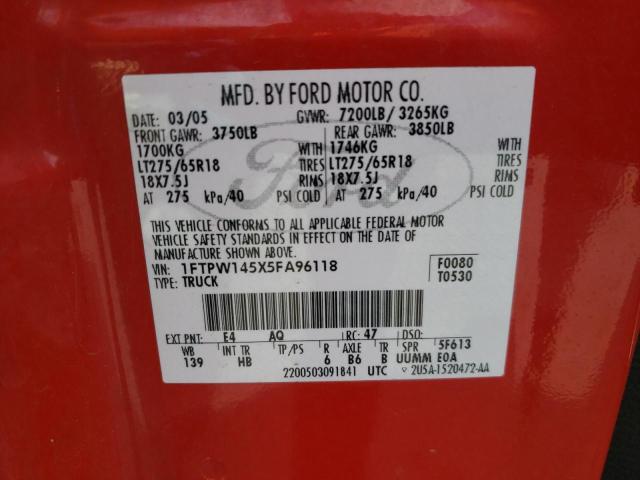 Photo 10 from auction – 2005 FORD F150 SUPER with VIN 1FTPW145X5FA96118