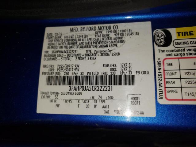 Photo 10 from auction – 2012 FORD FUSION SEL with VIN 3FAHP0JA5CR322231