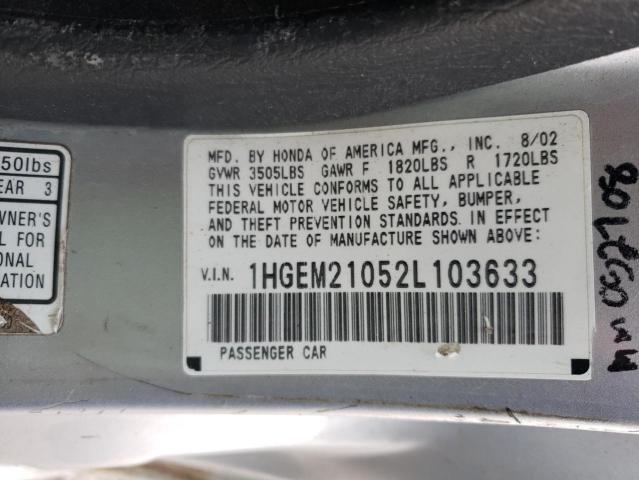 Photo 10 from auction – 2002 HONDA CIVIC EX with VIN 1HGEM21052L103633