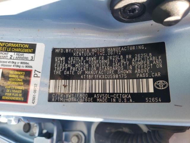 Photo 10 from auction – 2012 TOYOTA CAMARY with VIN 4T1BF1FKXCU598175