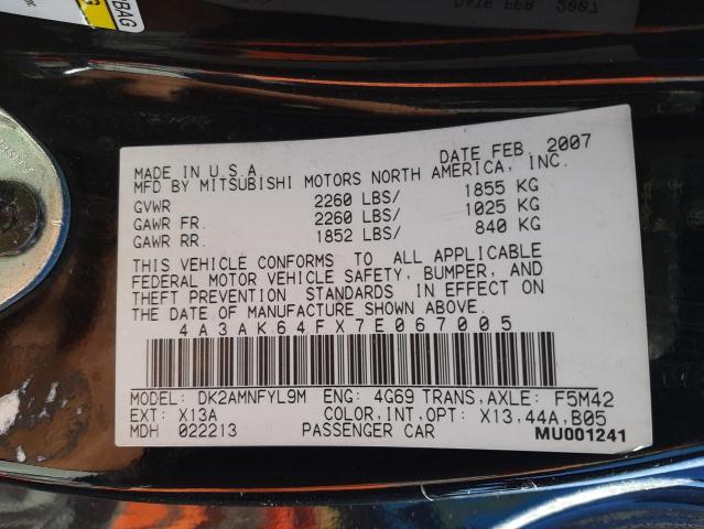 Photo 10 from auction – 2007 MITSUBISHI ECLIPSE ES with VIN 4A3AK64FX7E067005