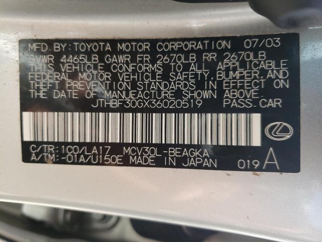 Photo 10 from auction – 2003 LEXUS ES 300 with VIN JTHBF30GX36020519