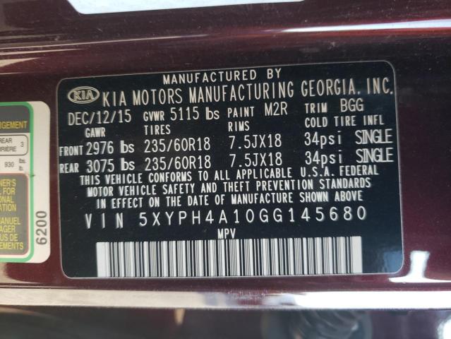 Photo 10 from auction – 2016 KIA SORENTO EX with VIN 5XYPH4A10GG145680
