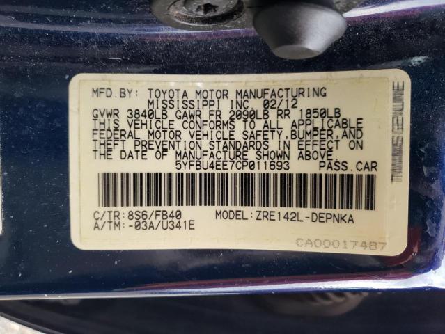 Photo 10 from auction – 2012 TOYOTA COROLLA BA with VIN 5YFBU4EE7CP011693