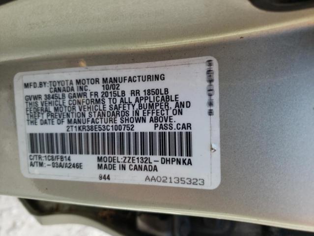Photo 10 from auction – 2003 TOYOTA COROLLA MA with VIN 2T1KR38E53C100752