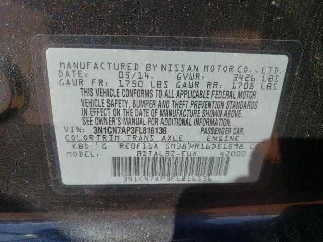 Photo 10 from auction – 2015 NISSAN VERSA S with VIN 3N1CN7AP3FL816136