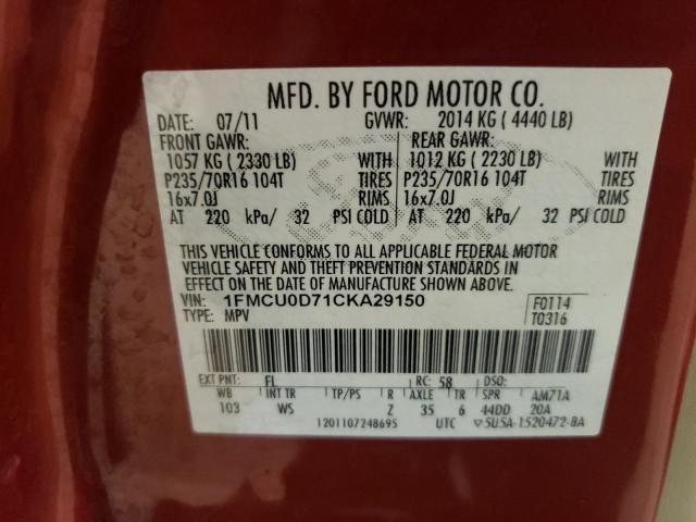 Photo 10 from auction – 2012 FORD ESCAPE XLT with VIN 1FMCU0D71CKA29150