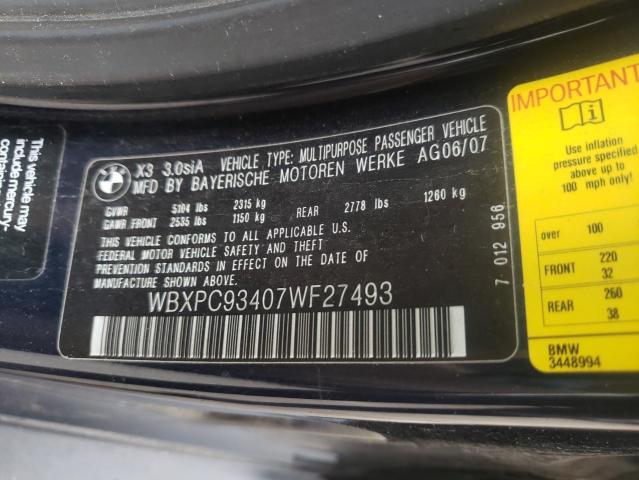 Photo 10 from auction – 2007 BMW X3 3.0SI with VIN WBXPC93407WF27493