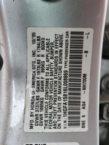 Photo 10 from auction – 2006 HONDA CIVIC with VIN 1HGFA15816L008869