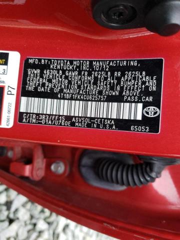Photo 10 from auction – 2012 TOYOTA CAMRY BASE with VIN 4T1BF1FK4CU625757