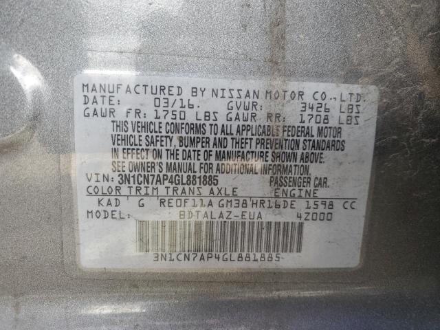 Photo 10 from auction – 2016 NISSAN VERSA S with VIN 3N1CN7AP4GL881885