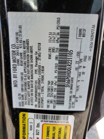 Photo 10 from auction – 2020 FORD FUSION SE with VIN 3FA6P0HD0LR221105