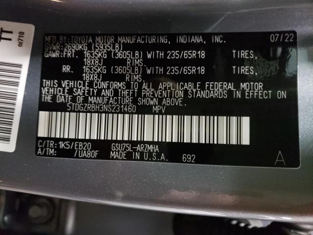 Photo 10 from auction – 2022 TOYOTA HIGHLANDER with VIN 5TDGZRBH3NS231460
