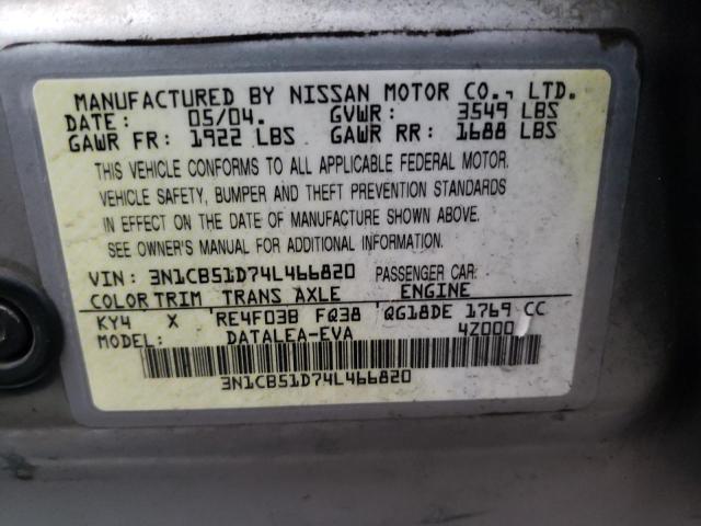 Photo 10 from auction – 2004 NISSAN SENTRA 1.8 with VIN 3N1CB51D74L466820