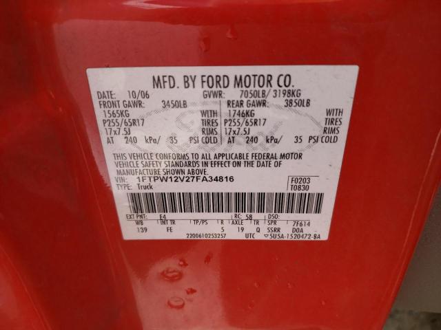 Photo 10 from auction – 2007 FORD F150 SUPER with VIN 1FTPW12V27FA34816