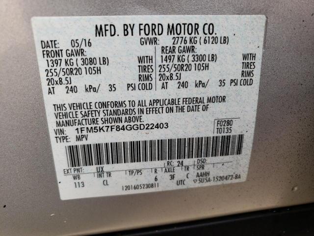 Photo 10 from auction – 2016 FORD EXPLORER L with VIN 1FM5K7F84GGD22403