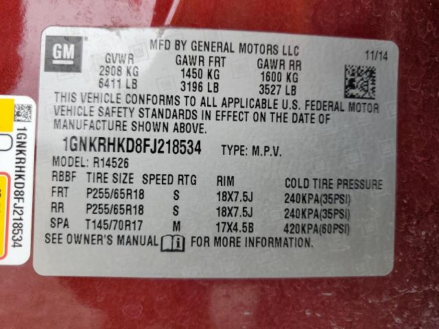 Photo 10 from auction – 2015 CHEVROLET TRAVERSE L with VIN 1GNKRHKD8FJ218534