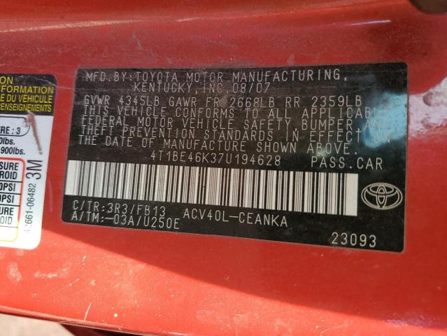 Photo 10 from auction – 2007 TOYOTA CAMRY CE with VIN 4T1BE46K37U194628