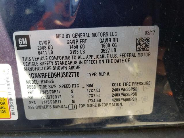 Photo 10 from auction – 2017 CHEVROLET TRAVERSE L with VIN 1GNKRFED9HJ302770