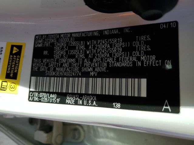 Photo 10 from auction – 2010 TOYOTA HIGHLANDER with VIN 5TDDK3EH7AS024774