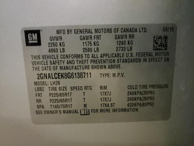Photo 10 from auction – 2016 CHEVROLET EQUINOX LT with VIN 2GNALCEK8G6138711