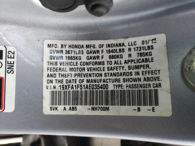Photo 10 from auction – 2010 HONDA CIVIC LX with VIN 19XFA1F51AE035400