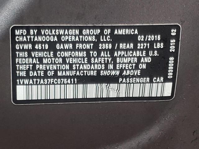 Photo 10 from auction – 2015 VOLKSWAGEN PASSAT S with VIN 1VWAT7A37FC075411