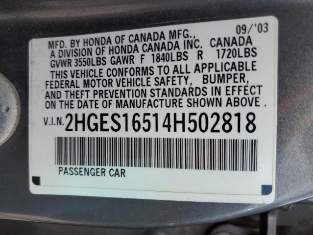 Photo 10 from auction – 2004 HONDA CIVIC LX with VIN 2HGES16514H502818