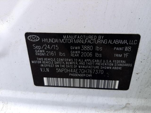 Photo 10 from auction – 2016 HYUNDAI ELANTRA SE with VIN 5NPDH4AE7GH767370