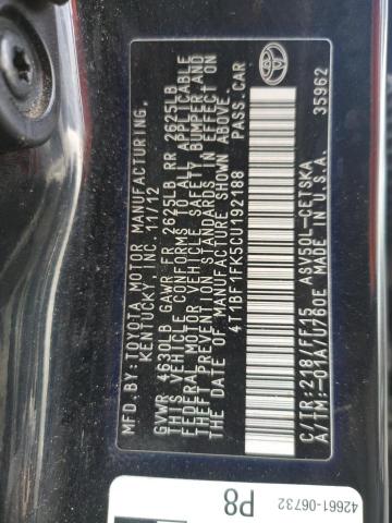 Photo 10 from auction – 2012 TOYOTA CAMRY BASE with VIN 4T1BF1FK5CU192188