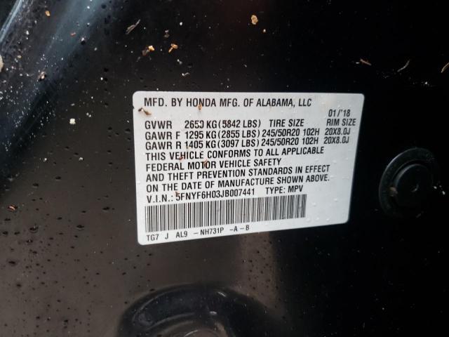 Photo 10 from auction – 2018 HONDA PILOT ELIT with VIN 5FNYF6H03JB007441