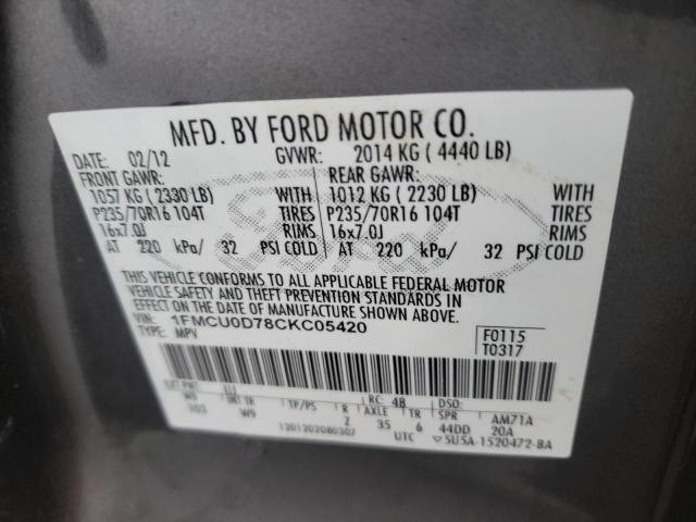 Photo 10 from auction – 2012 FORD ESCAPE XLT with VIN 1FMCU0D78CKC05420