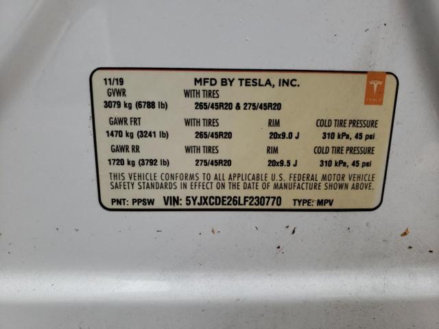 Photo 10 from auction – 2020 TESLA MODEL X with VIN 5YJXCDE26LF230770