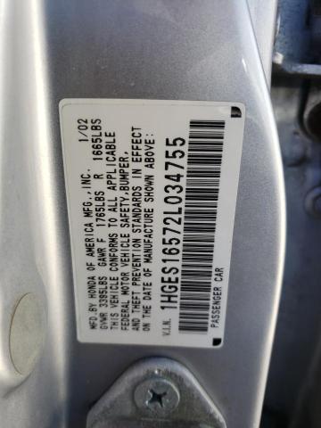 Photo 10 from auction – 2002 HONDA CIVIC LX with VIN 1HGES16572L034755