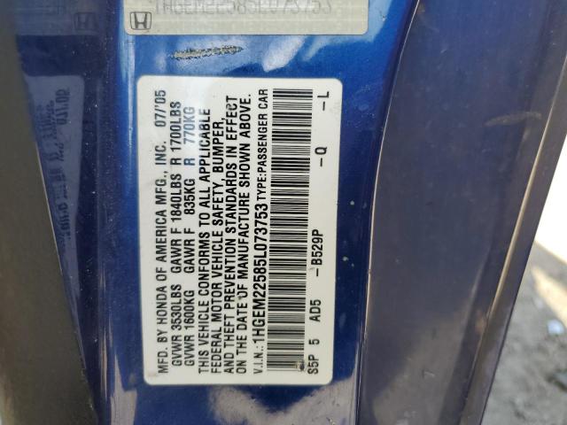 Photo 10 from auction – 2005 HONDA CIVIC LX with VIN 1HGEM22585L073753