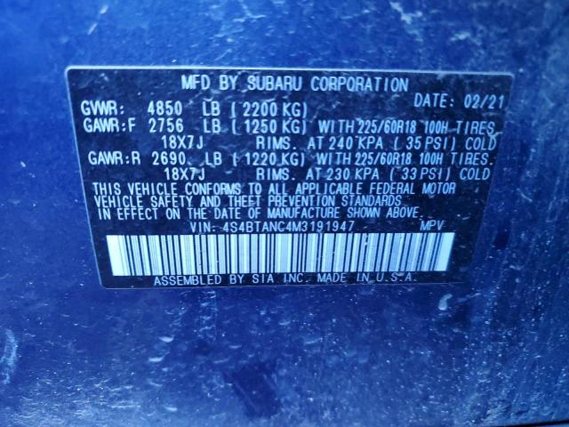 Photo 10 from auction – 2021 SUBARU OUTBACK LI with VIN 4S4BTANC4M3191947
