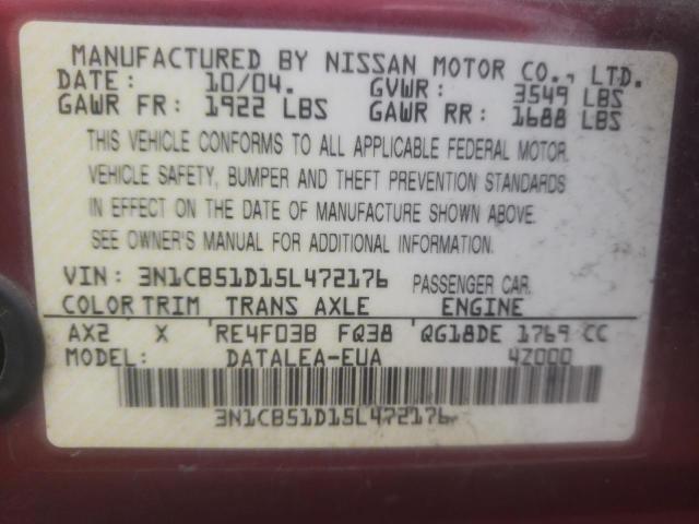 Photo 10 from auction – 2005 NISSAN SENTRA 1.8 with VIN 3N1CB51D15L472176