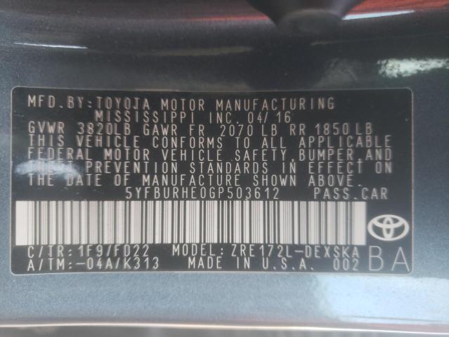 Photo 10 from auction – 2016 TOYOTA COROLLA L with VIN 5YFBURHE0GP503612