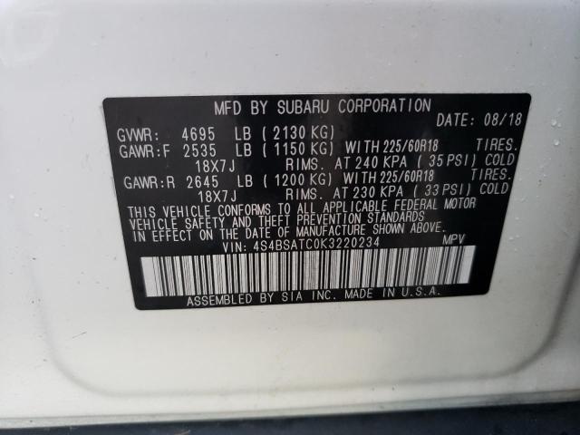 Photo 10 from auction – 2019 SUBARU OUTBACK TO with VIN 4S4BSATC0K3220234